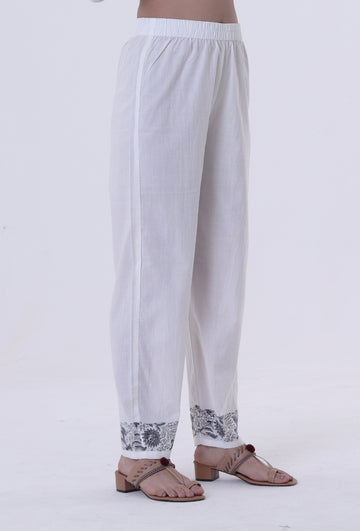 White Color Cotton Block Printed With Multicolor Motif Pant